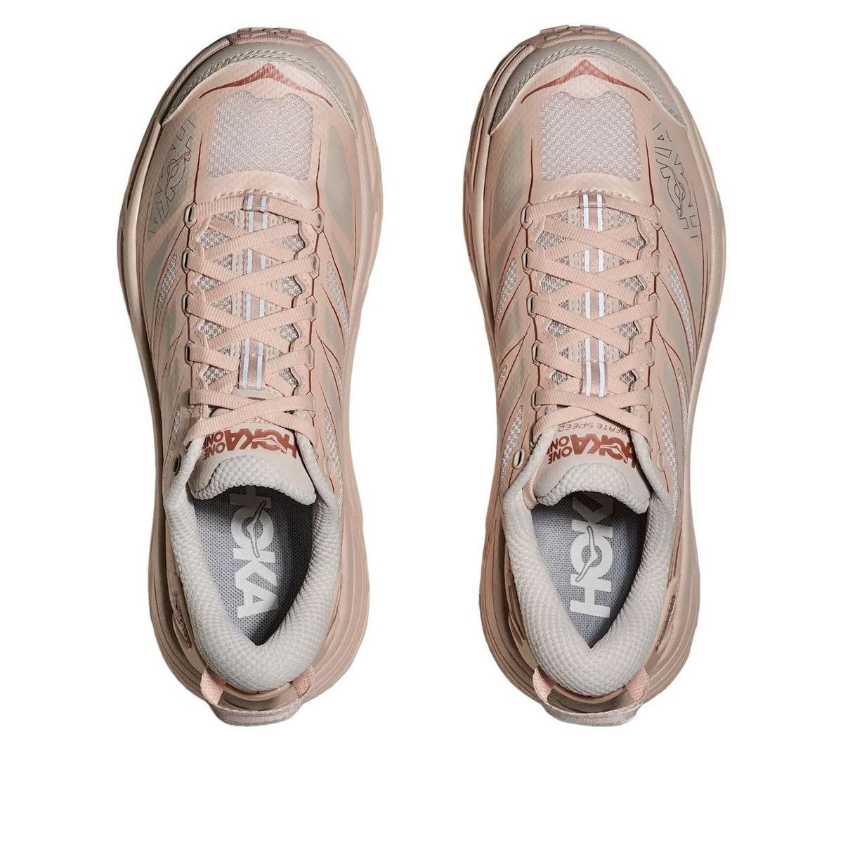 Hoka One One Mafate Speed 2 Beech Wood Stucco bovenaanzicht paar samen met mesh-inzetstukken