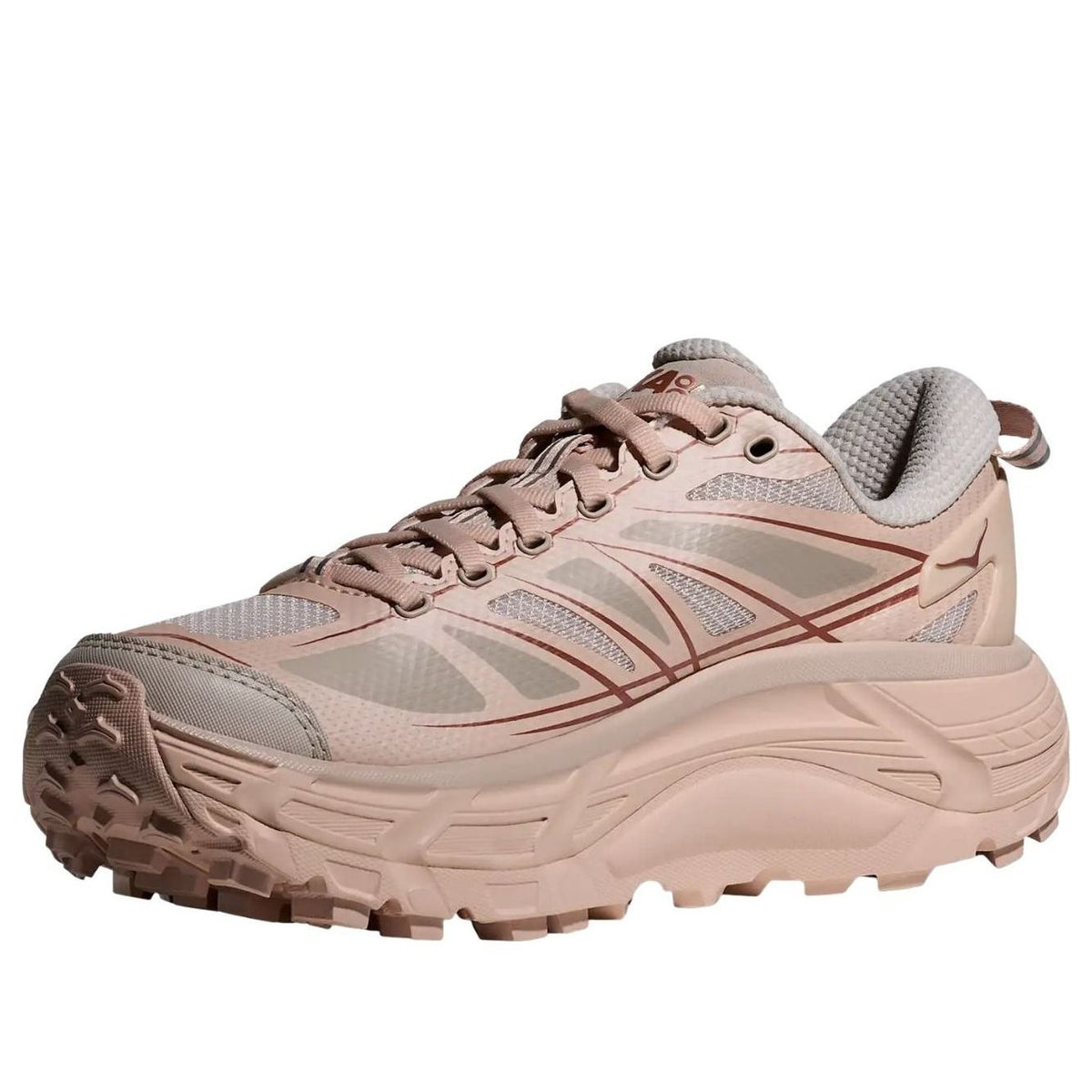 Hoka One One Mafate Speed 2 Beech Wood Stucco zijaanzicht met zichtbare stiksels en zooldetail