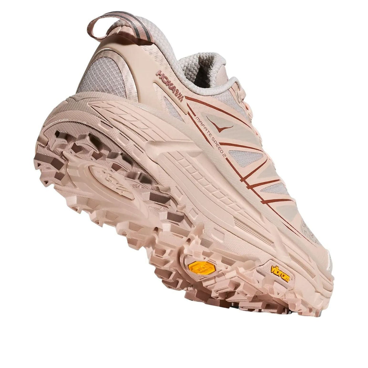 Hoka One One Mafate Speed 2 Beech Wood Stucco zoolprofiel met gele Vibram-logo's onderaan