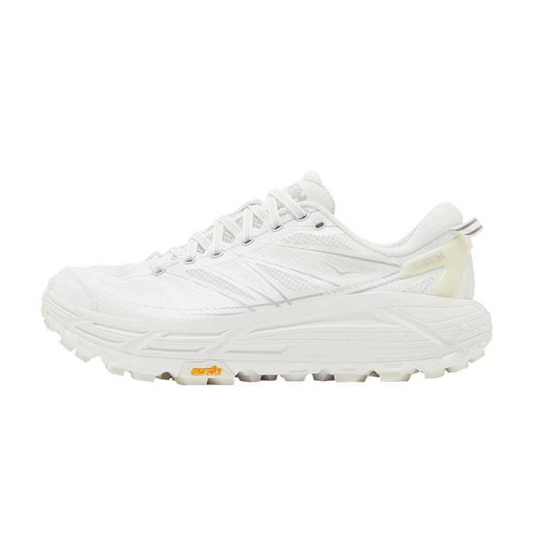 Hoka One One Mafate Speed 2 White Lunar Rock zijaanzicht, wit mesh-upper met oranje Vibram-zool