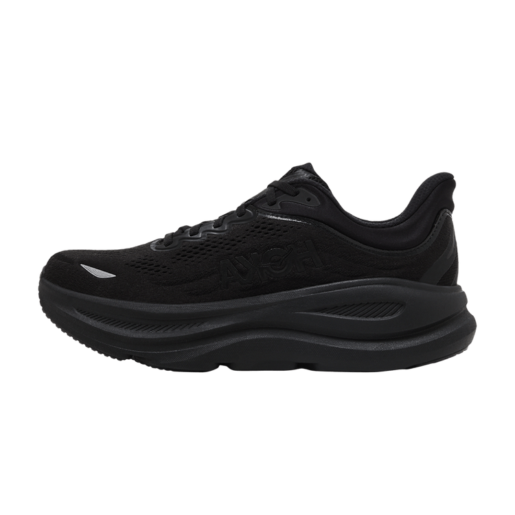 Hoka One One Bondi 9 Triple Black zijaanzicht, zwart mesh en suède upper met dikke zool