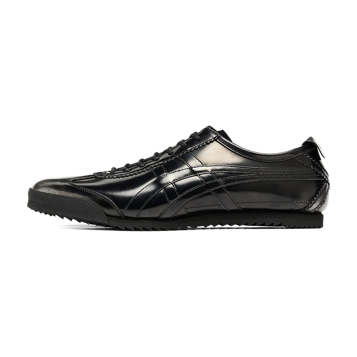 Onitsuka Tiger Mexico 66 Deluxe NM Advan Leather Black Gunmetal, zijaanzicht met glanzend zwart leer