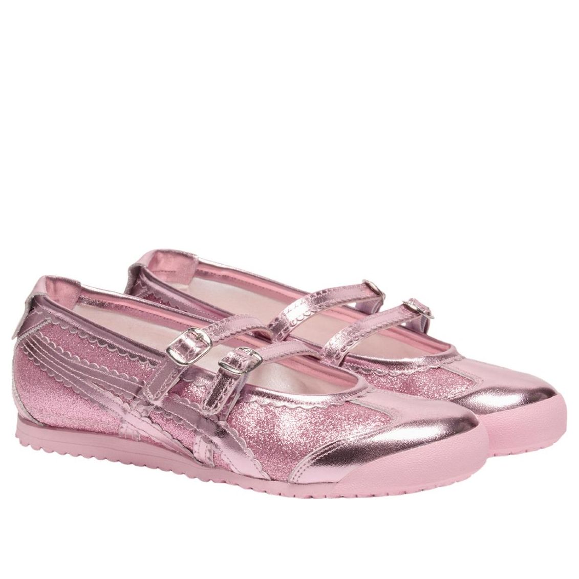 Onitsuka Tiger Mexico 66 TGRS Glitter Pack Pink Cameo, driekwart aanzicht tonend glitter materiaal en metallic bandjes