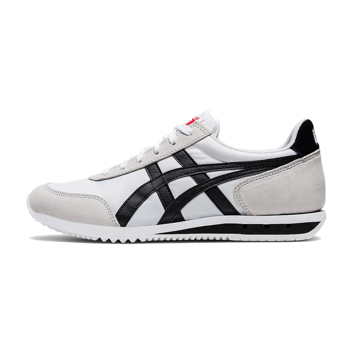 Onitsuka Tiger New York White Black, zijaanzicht met wit leer, zwarte strepen en witte zool