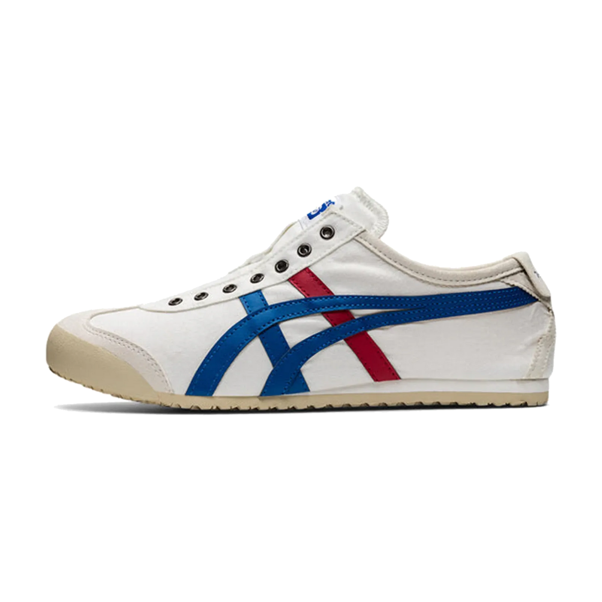 Onitsuka Tiger Mexico 66 Slip-On White Blue Red, zijaanzicht met wit canvas, blauwe en rode diagonale strepen en beige zool