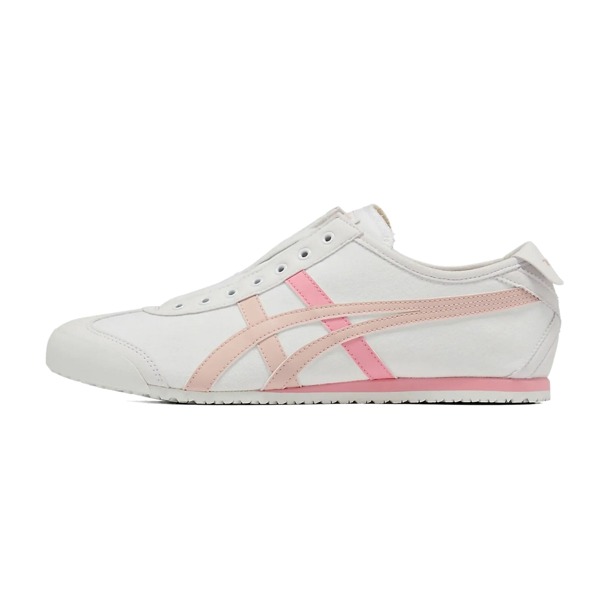 Onitsuka Tiger Mexico 66 Slip-On White Ginger Peach, zijaanzicht met wit canvas en roze/beige strepen