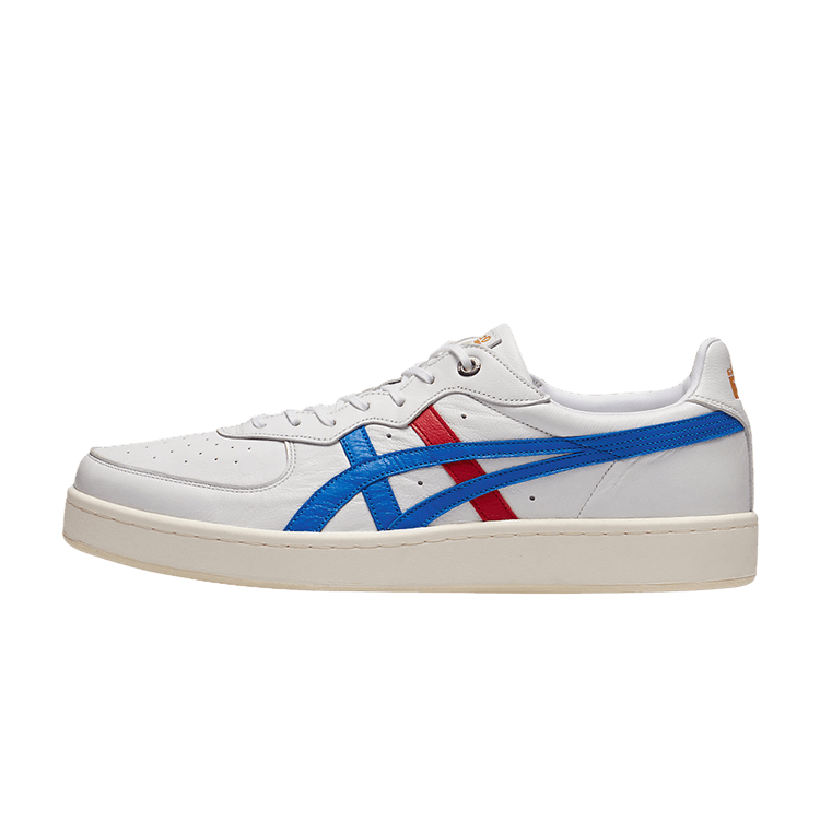 Onitsuka Tiger GSM SD White Directoire Blue, zijaanzicht met wit leer, blauwe en rode strepen, dikke crèmekleurige zool