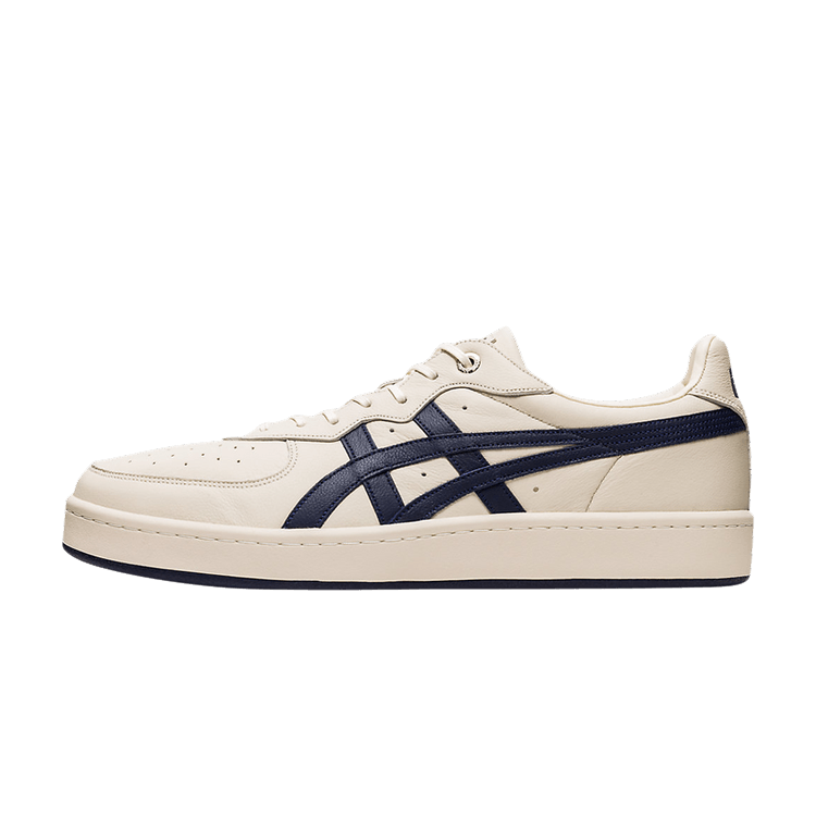 Onitsuka Tiger GSM SD Oatmeal Peacoat zijaanzicht, crèmekleurig leer met donkerblauwe strepen en dikke zool