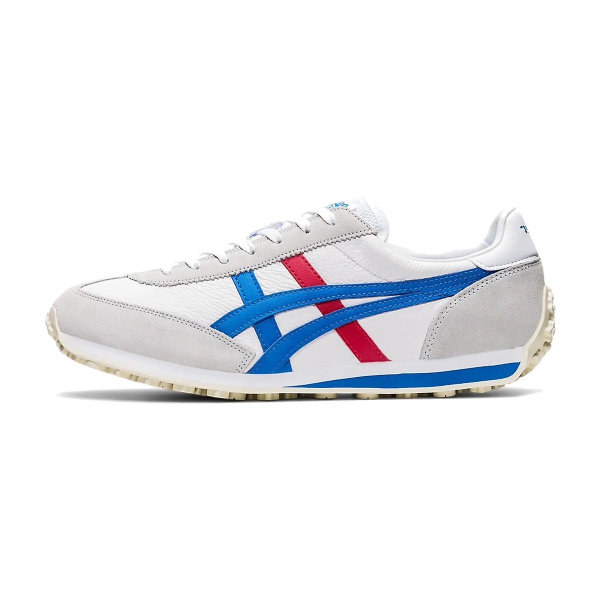 Onitsuka Tiger EDR 78 White Directoire Blue Red, zijaanzicht met wit leer, blauwe en rode strepen, creme zool