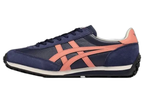 Onitsuka Tiger EDR 78 Peacoat Guava zijaanzicht met donkerblauwe suède, koraalkleurige strepen en crèmekleurige zool