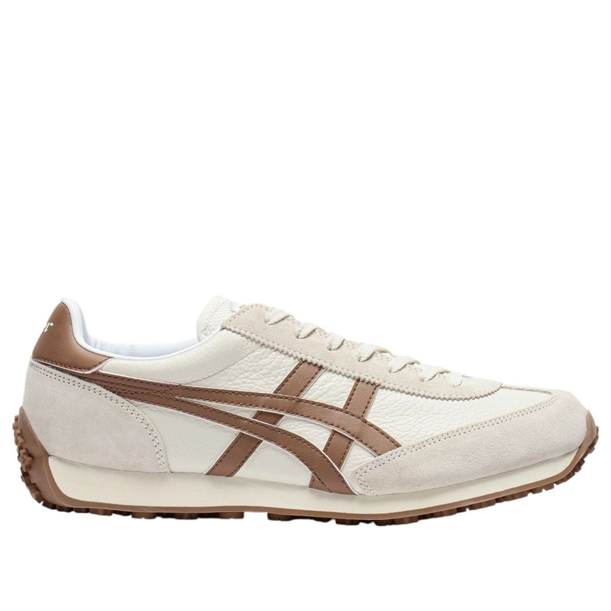 Onitsuka Tiger EDR 78 vooraanzicht, retro runner met geruit materiaalblok en bruine details