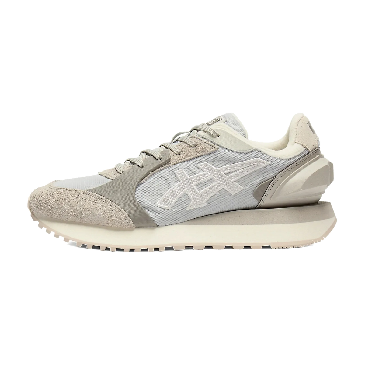 Onitsuka Tiger Moage CO Glacier Grey Off-White, zijaanzicht met suède neus en gestapelde zool