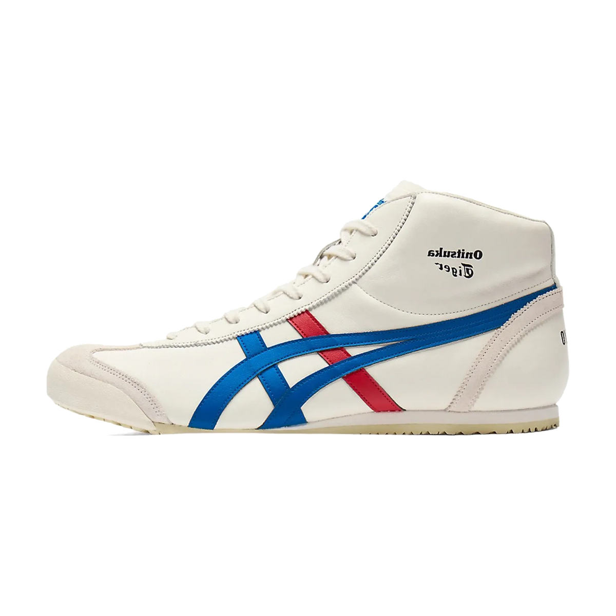 Onitsuka Tiger Mexico Mid Runner Cream Directoire Blue, zijaanzicht met witte leren bovenkant, blauwe en rode strepen