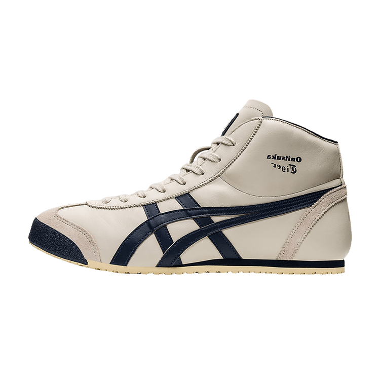 Onitsuka Tiger Mexico Mid Runner, zijaanzicht met beige leer, donkerblauwe strepen en contrasterende zool
