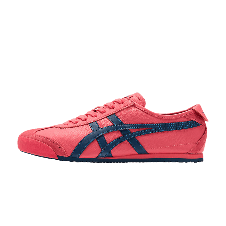 Onitsuka Tiger Mexico 66 Leather, zijaanzicht met roze leer en marine blauwe strepen op zijkant
