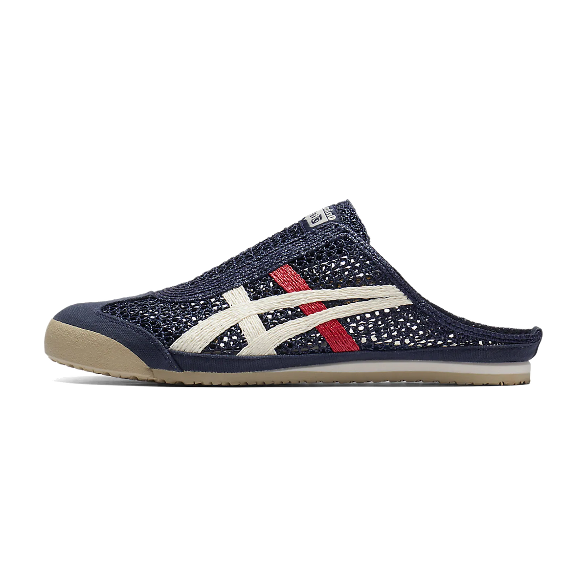Onitsuka Tiger Mexico 66 Sabot, zijaanzicht van een donkerblauwe mesh sabot met crème strepen en rode details, beige zool