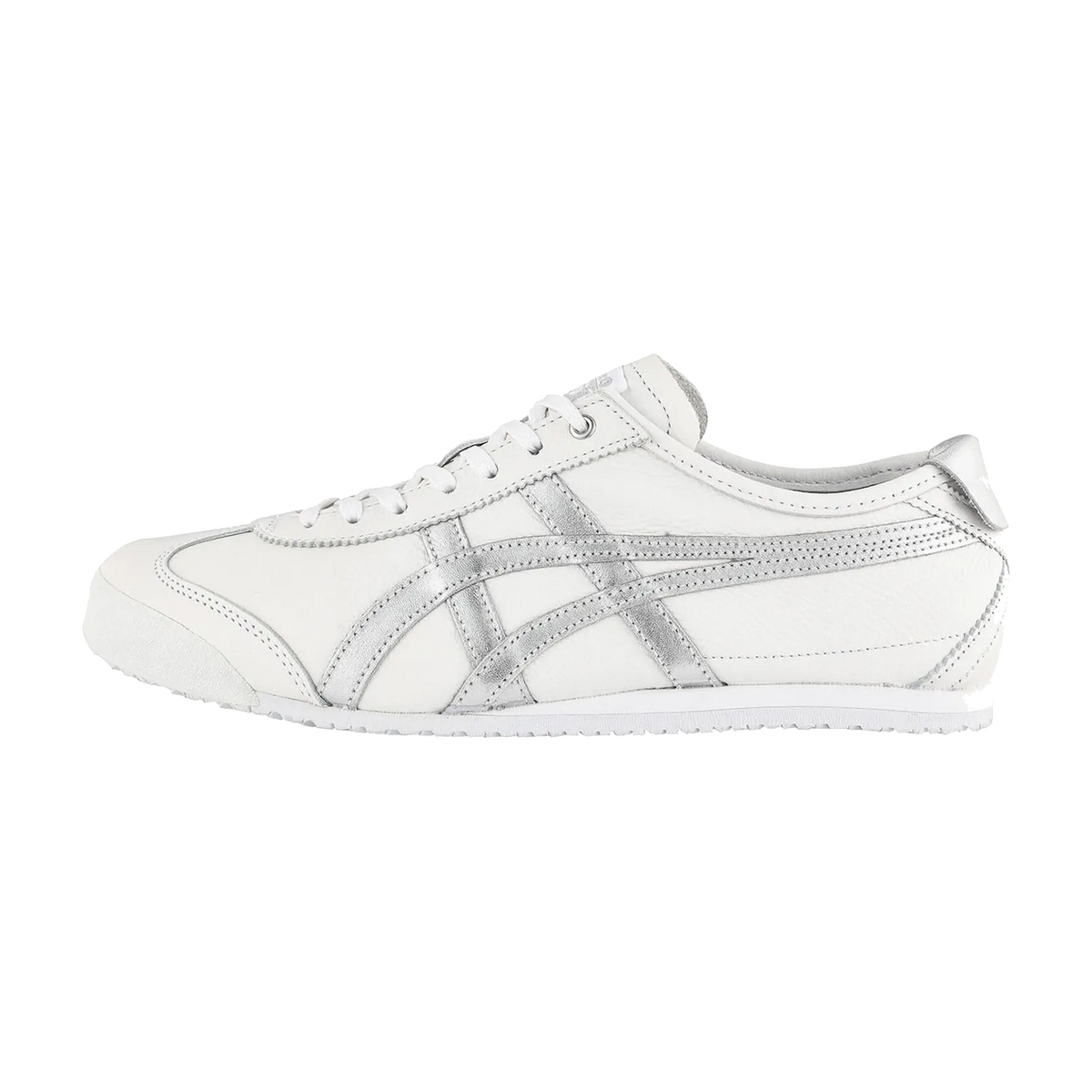 Onitsuka Tiger Mexico 66 White Silver, zijaanzicht met wit leder en zilver streeppatroon, vetersluiting