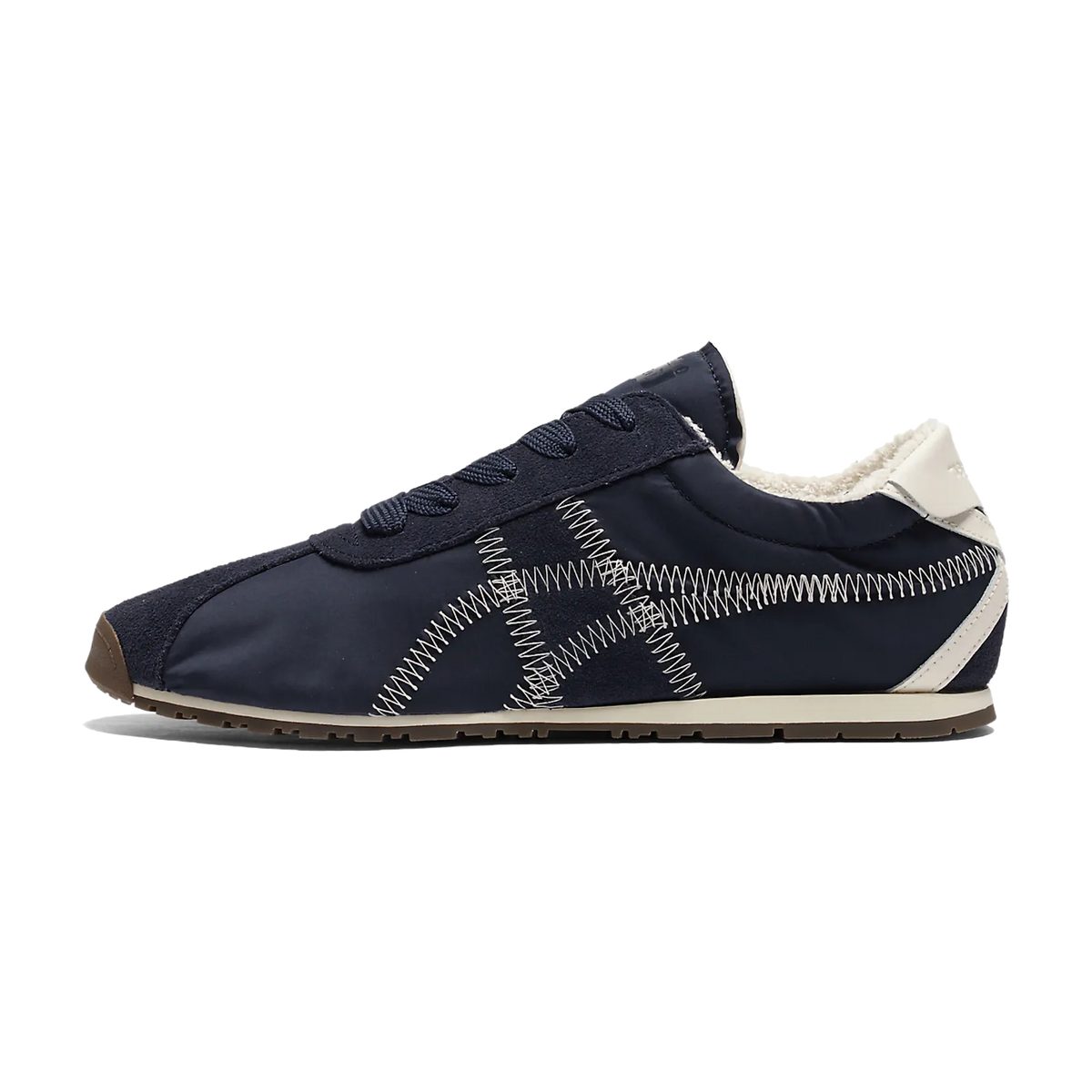 Onitsuka Tiger Tiger Corsair A55 Midnight Cream, zijaanzicht met donkerblauw nubuck en crème accenten
