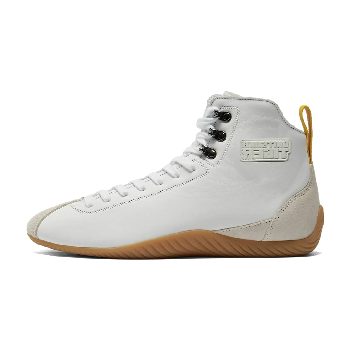 Onitsuka Tiger Wrestlia MT White Gum zijaanzicht, witte lederen high-top met gumzool en zwarte vetersluiting