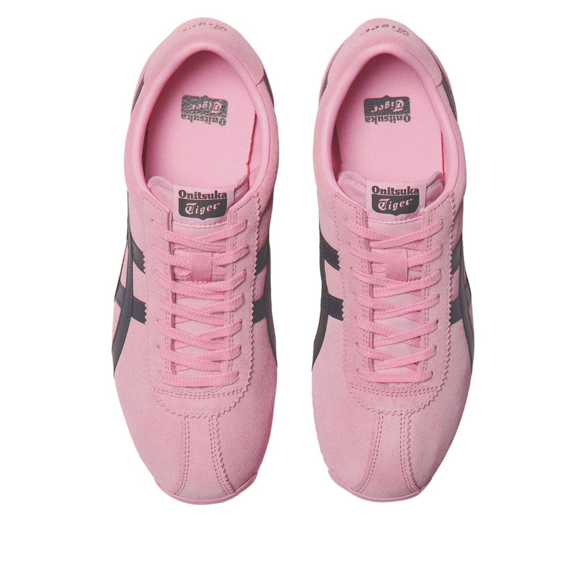 Onitsuka Tiger Tiger Corsair Prism Pink Indigo Navy bovenaanzicht met roze veters en Onitsuka Tiger logo