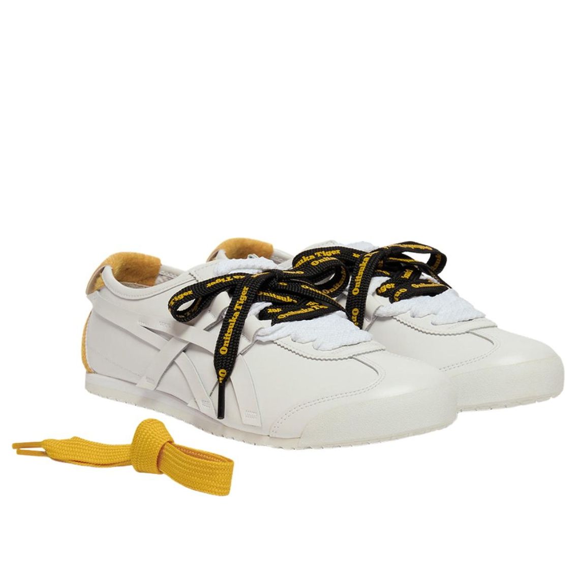 Onitsuka Tiger Mexico 66 New Year 2026 vooraanzicht, witte sneaker met extra gele en zwart-gele veters als detail