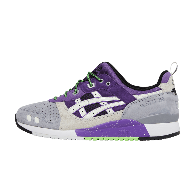ASICS Gel-Lyte III OG Sneaker Freaker atmos Alley Cats, zijaanzicht met paarse, witte en grijze details