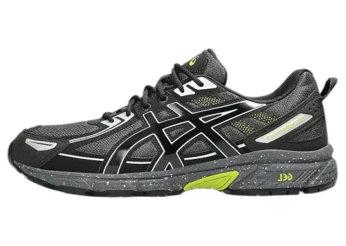 ASICS Gel-Venture 6 Obsidian Grey Black Lime, zijaanzicht met zwarte mesh, witte stiksels en neongroene accentzool