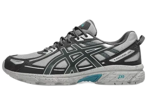 ASICS Gel-Venture 6 Cement Grey Obsidian Grey, zijaanzicht met grijs mesh, zwarte accenten en blauwe Gel-zool