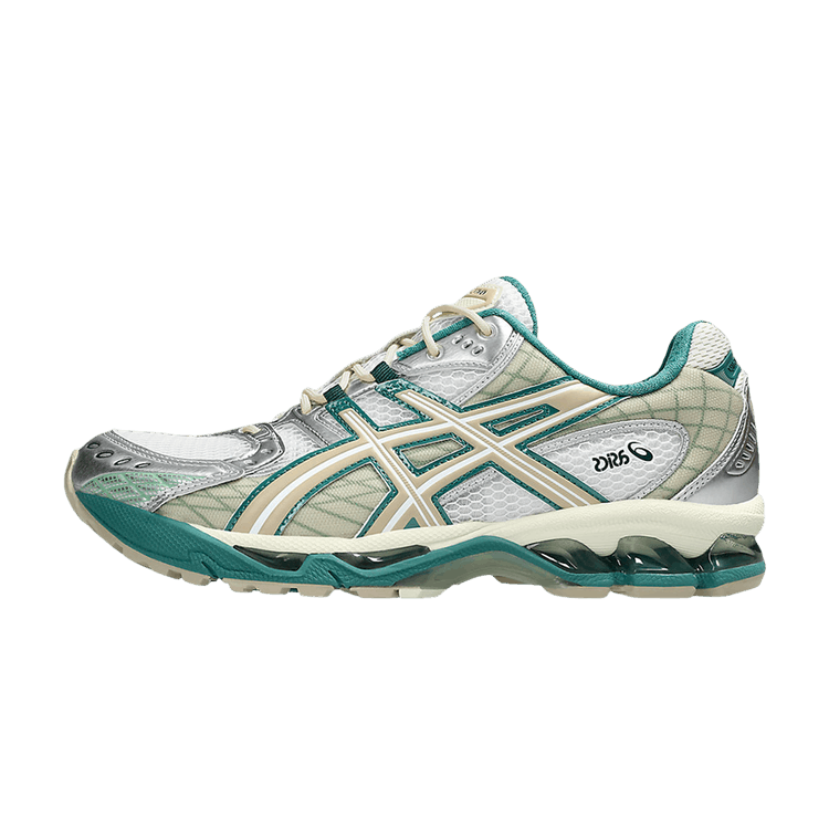 ASICS Gel-Nimbus 10.1 White Rainy Lake zijaanzicht, wit mesh met tealblauwe accenten en zichtbare Gel-zool