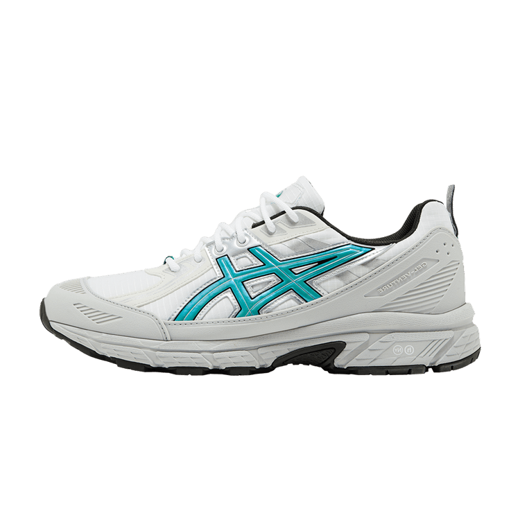 Hidden NY x ASICS Gel Venture 6 Shield 'White Wasabi' zijaanzicht met wit leer, turquoise X-logo en zwarte zool