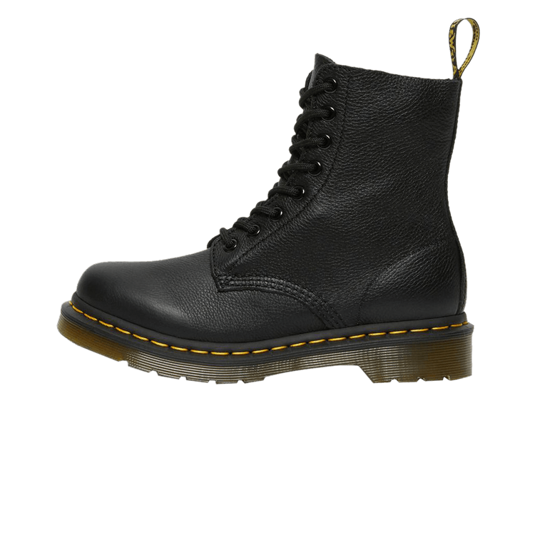 Dr. Martens 1460 Pascal Virginia Boots Black, zijaanzicht van zwarte leren laars met gele stiksels en zool
