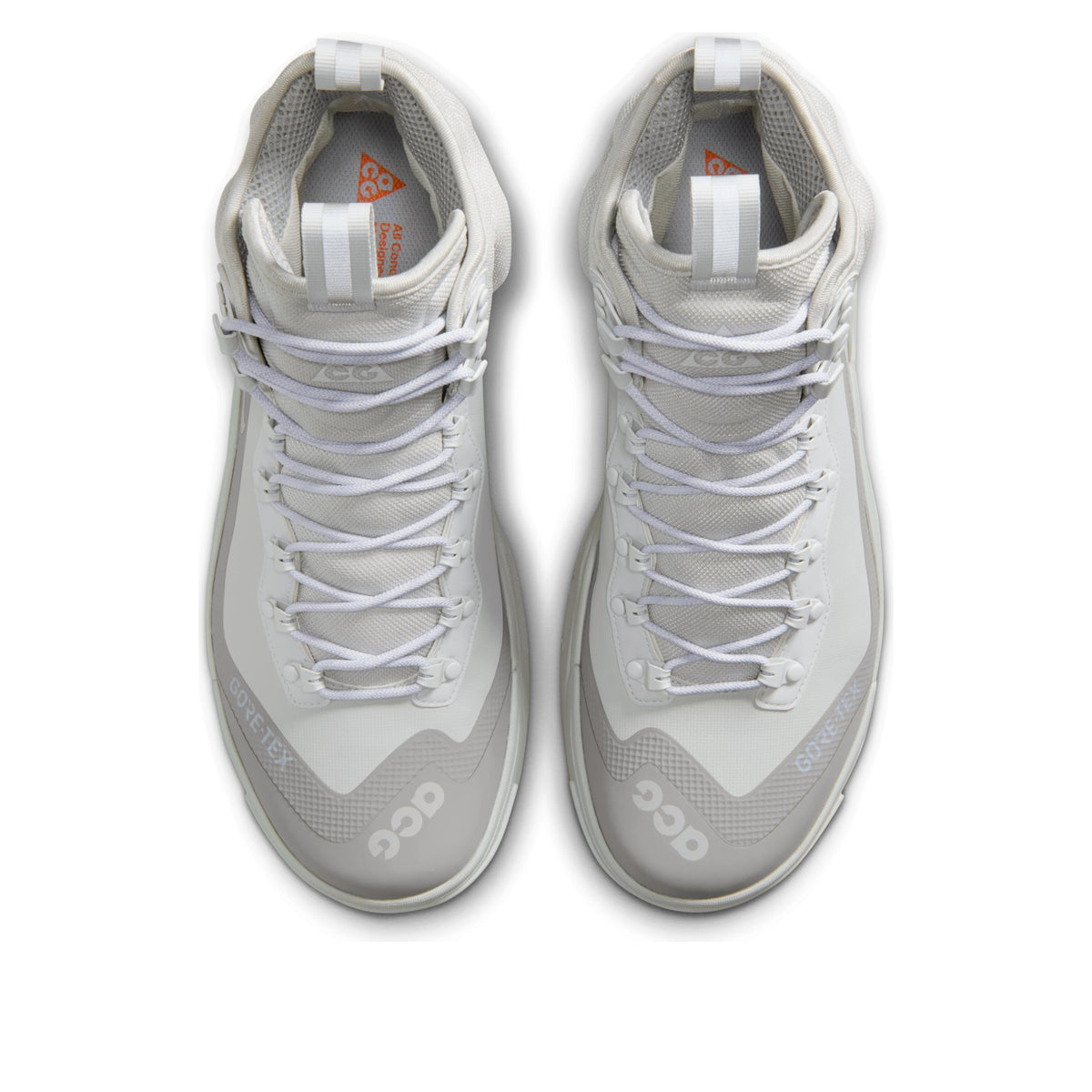 Nike ACG Air Zoom Gaiadome Gore-Tex Grey Fog Pure Platinum, bovenaanzicht met veters, mesh textuur en logo