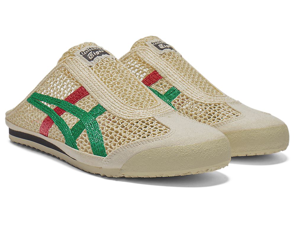Onitsuka Tiger Mexico 66 Sabot Cream Kale paar samen vooraanzicht, crème mesh met gekleurde logo-streep