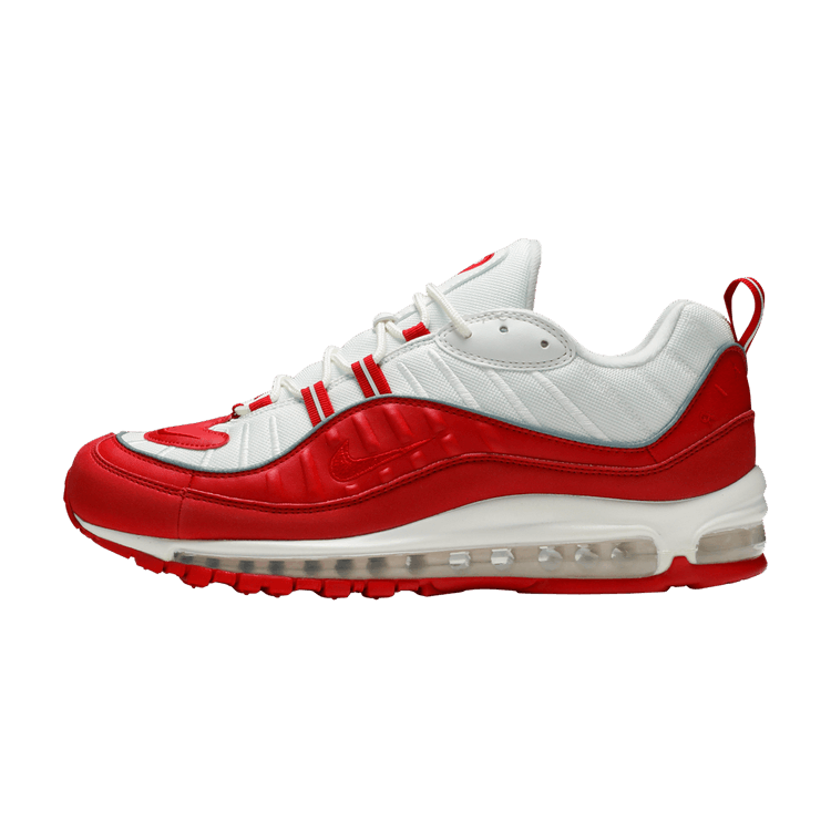 Nike Air Max 98 University Red White, zijaanzicht met rood-wit colorway, Air Max zool en gestikt mesh, detaillering