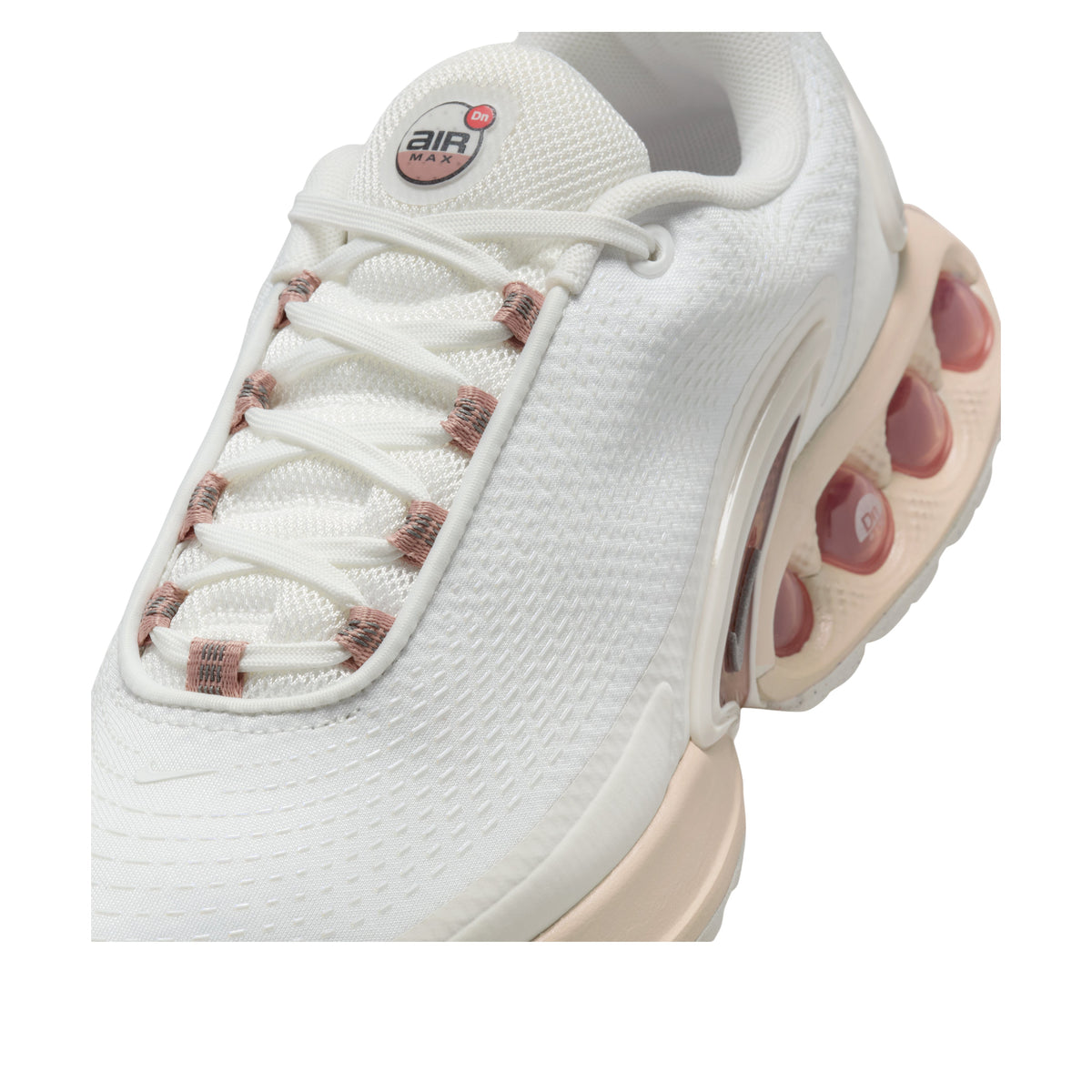 Nike Air Max Dn Tech Summit White Particle Pink, detailfoto snelveters en Air Max zool in rozetinten