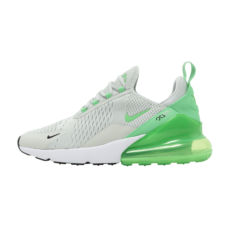 Nike Air Max 270 Light Silver Green Shock, zijaanzicht met groen accenten op hiel en zool, wit mesh