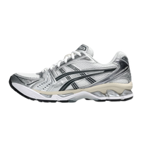 ASICS Gel-Kayano 14 White Graphite Grey, zijaanzicht met wit meshupperwerk, zwarte en zilveren accenten en beige zool