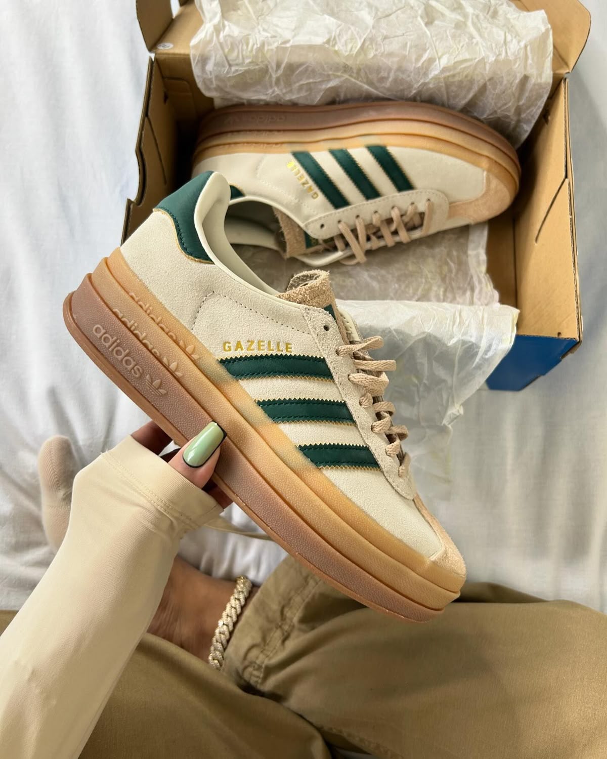 Adidas Gazelle Bold Magic Beige Collegiate Green
