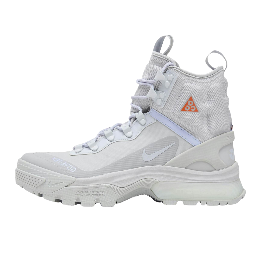 Nike ACG Air Zoom Gaiadome Gore-Tex Grey Fog Pure Platinum, zijaanzicht met wit mesh en paarse accenten