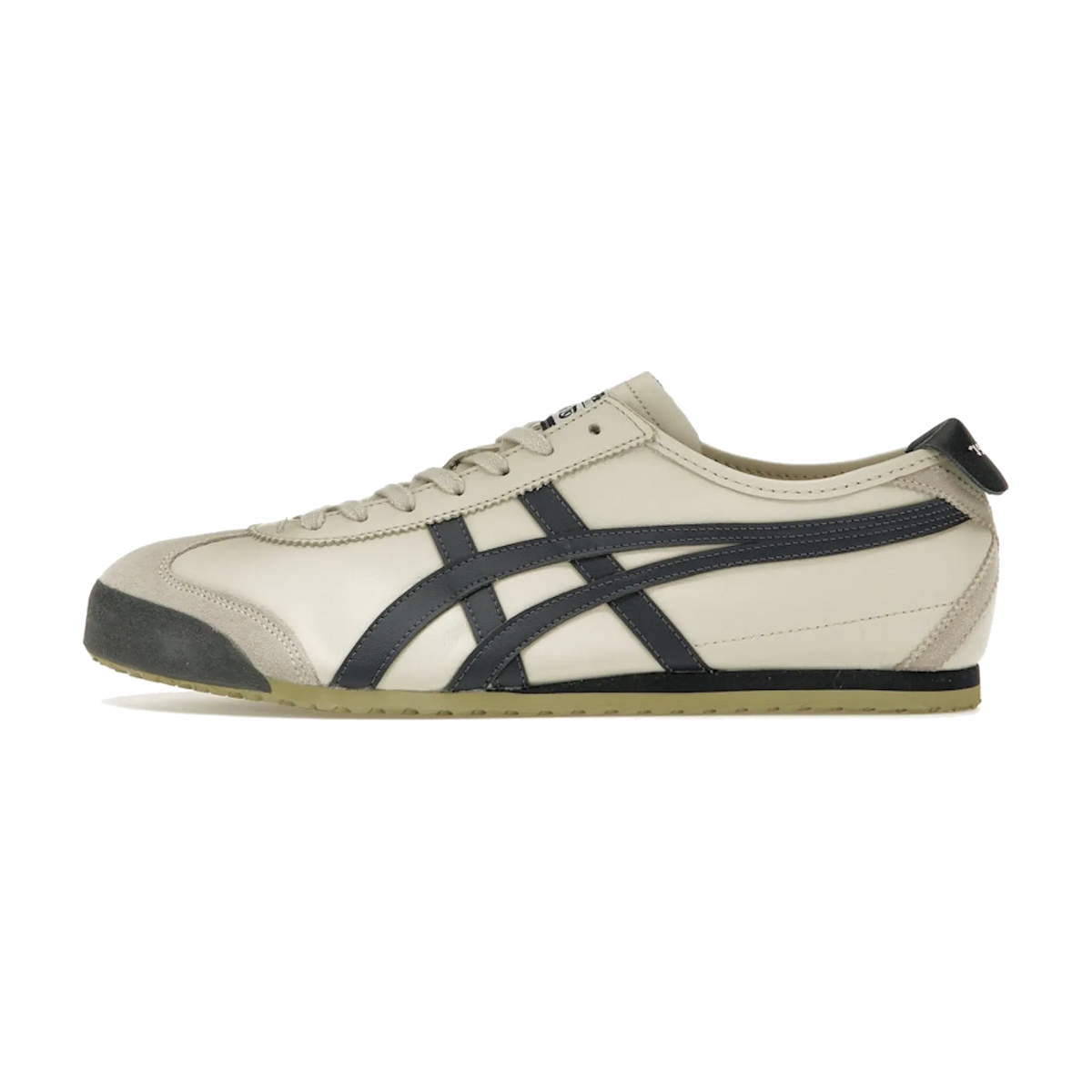 Onitsuka Tiger Mexico 66 Birch Peacoat, zijaanzicht met crème leder, zwarte diagonale strepen en grijze zool