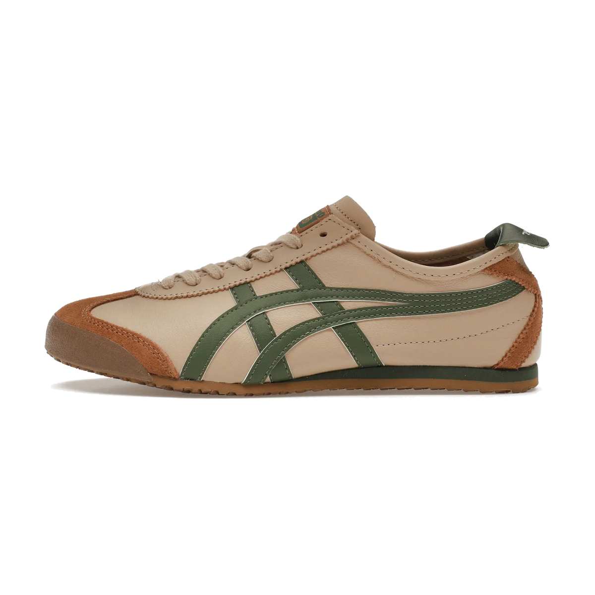 Onitsuka Tiger Mexico 66 Beige Grass Green, zijaanzicht met beige nubuck, groene strepen en bruine accenten
