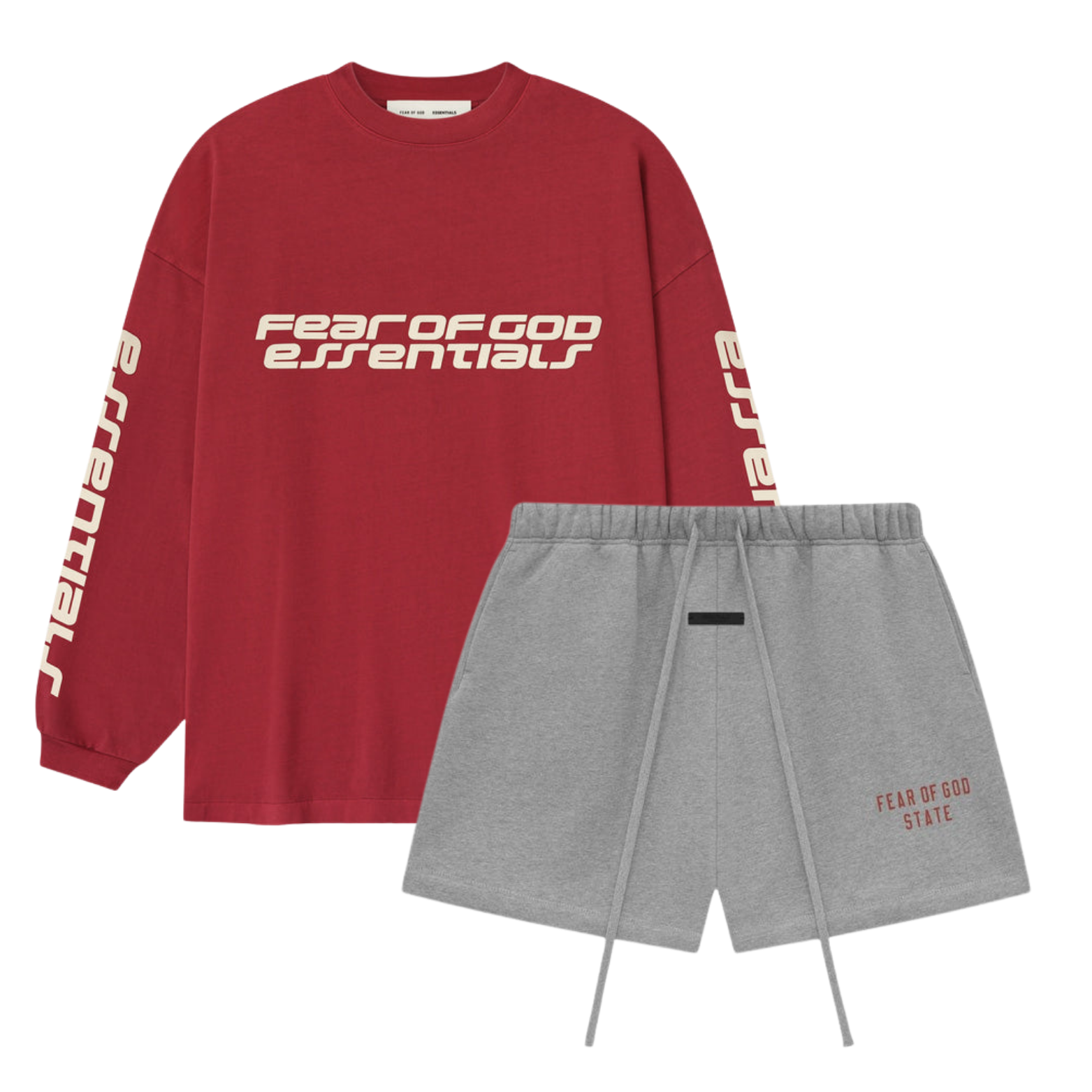Fear of God Essentials 90s Longsleeve Crimson + Shorts