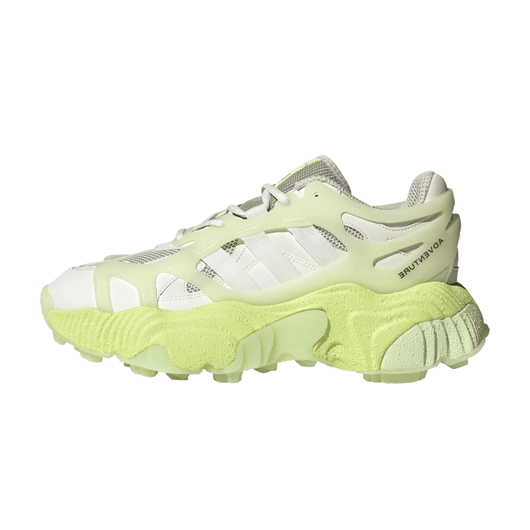 adidas Roverend Off White Pulse Lime, zijaanzicht met lime groene zool en wit-grijze bovenwerk, mesh en synthetische panelen