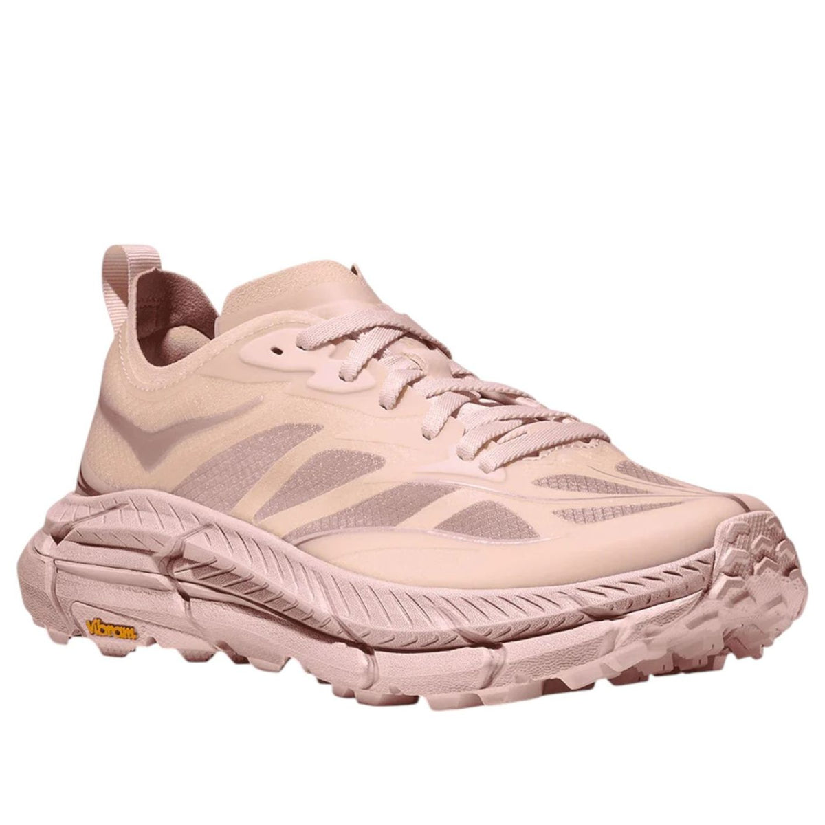 HOKA Mafate Speed 4 Lite 'Rose Tea' driekwart aanzicht met Vibram-markering en golvend design