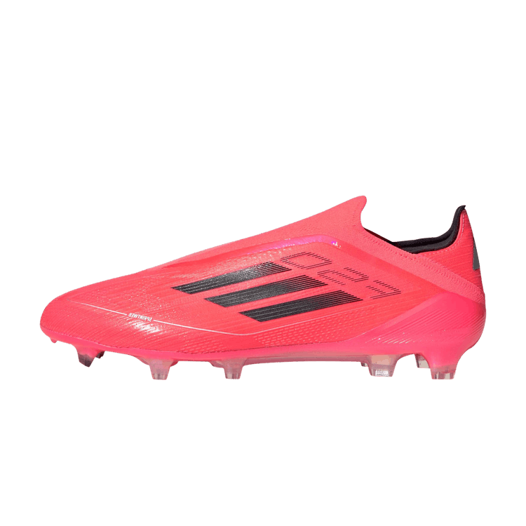 adidas F50 Elite Laceless FG Vivid Horizon Pack, zijaanzicht voetbalschoen in neonroze met zwarte strepen en kunststof studs