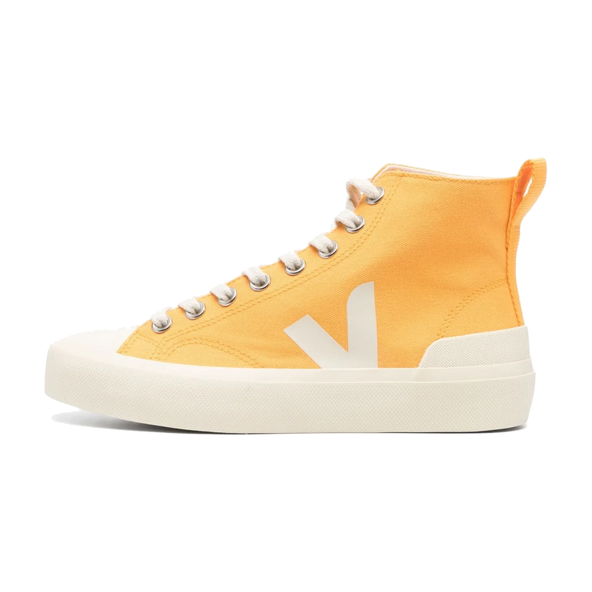 Veja Wata II Canvas Oasis Pierre, zijaanzicht met geel canvas, wit V-logo en crèmekleurige platformzool