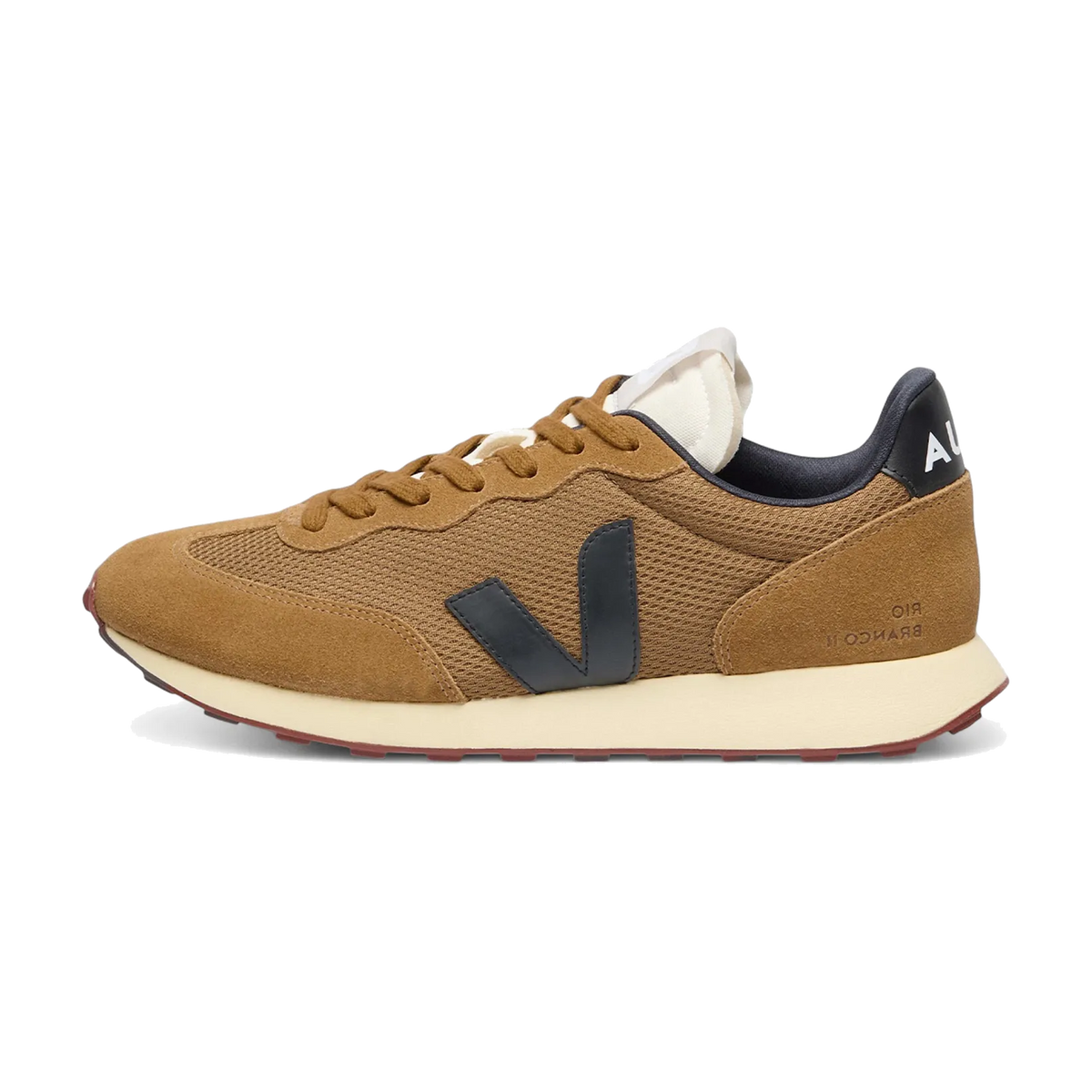 Veja Rio Branco II Tent Black zijaanzicht, bruine suède met mesh, zwart V-logo en crème zool