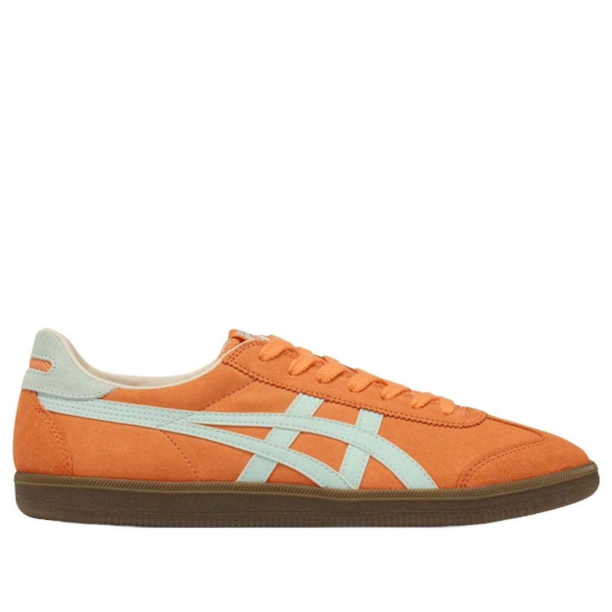 Onitsuka Tiger Tokuten Sun Peach Pale Blue vooraanzicht, oranje upper met mint striping en vetersluiting