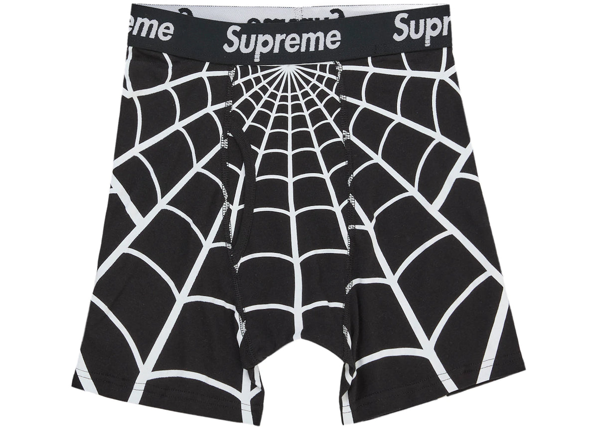 Supreme Hanes Spider-Man Boxer Briefs (2 Pack) Black, detailfoto van het spinnenwebdesign in wit op zwart