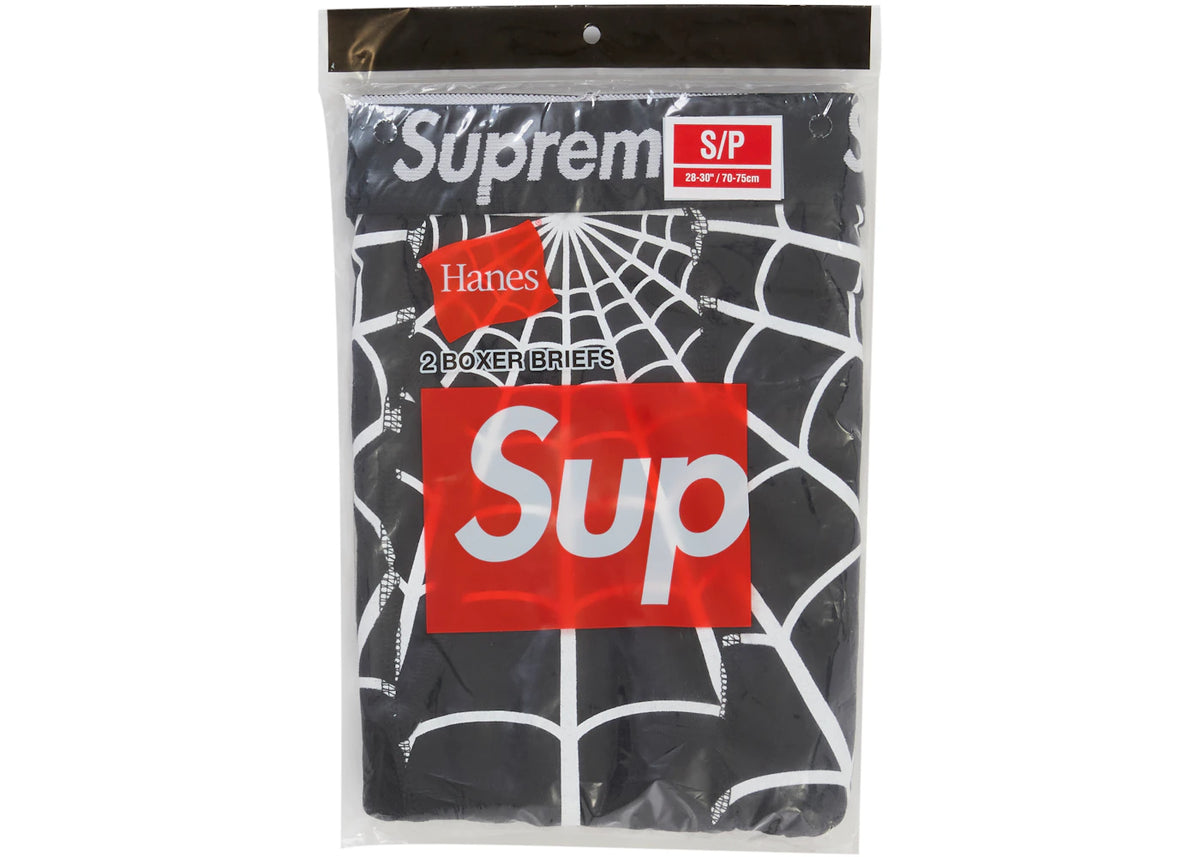 Supreme Hanes Spider-Man Boxer Briefs (2 Pack) Black, verpakking met Hanes-label en rood Supreme-logo erop
